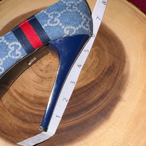 Vintage Blue Denim Patterned High Heel Pumps with Red-Blue Stripe - Picture 8 of 9